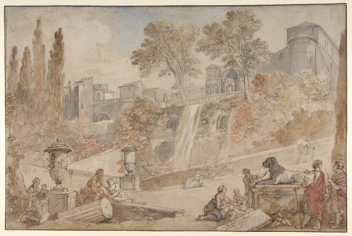 Gardens of the Villa d'Este at Tivoli, Charles Joseph Natoire (French, Nîmes 1700–1777 Castel Gandolfo), Pen and brown ink, brush and brown and gray wash, watercolor, heightened with white, over black and red chalk 