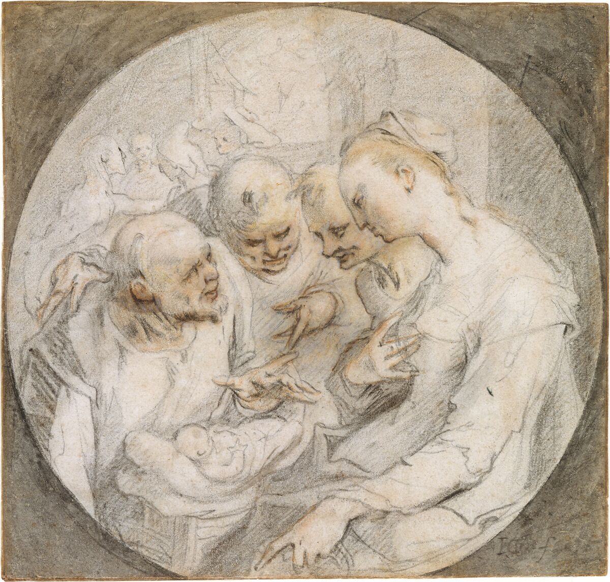 Adoration of the Shepherds, Hendrick Goltzius (Netherlandish, Mühlbracht 1558–1617 Haarlem), Black and red chalk with traces of yellow chalk