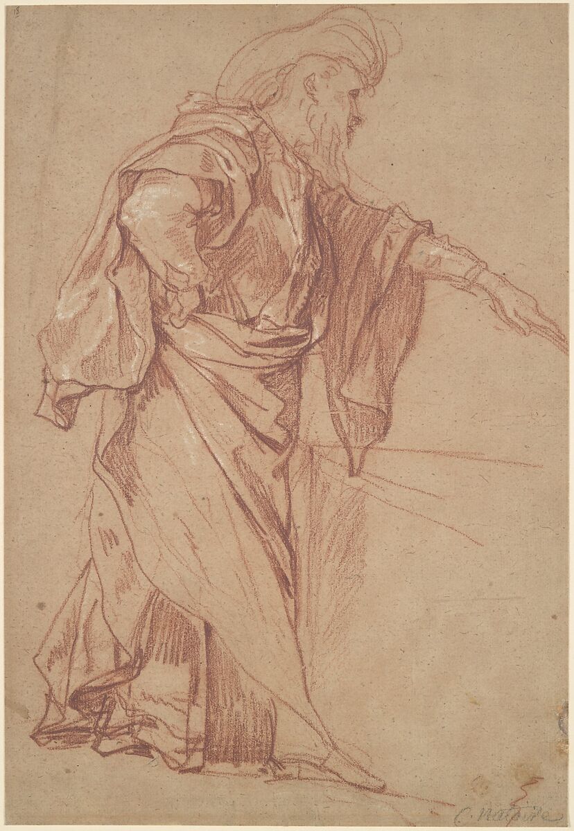 Standing Male Figure with Left Arm Extended, Charles Joseph Natoire (French, Nîmes 1700–1777 Castel Gandolfo), Red chalk, heightened with white, on beige paper