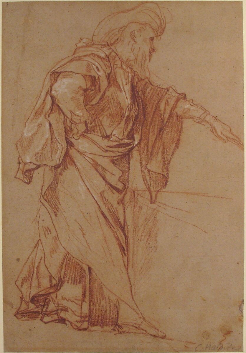 Standing Male Figure with Left Arm Extended, Charles Joseph Natoire (French, Nîmes 1700–1777 Castel Gandolfo), Red chalk, heightened with white, on beige paper