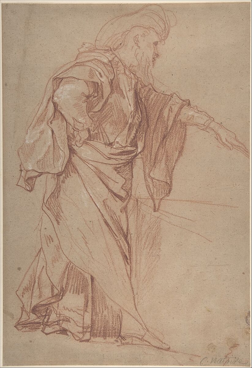 Standing Male Figure with Left Arm Extended, Charles Joseph Natoire (French, Nîmes 1700–1777 Castel Gandolfo), Red chalk, heightened with white, on beige paper 
