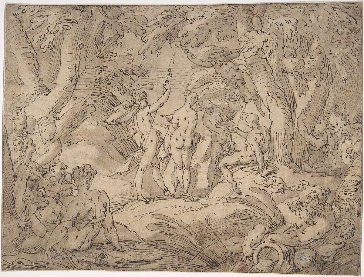 The Judgment of Paris, Abraham Bloemaert (Netherlandish, Gorinchem 1566–1651 Utrecht), Pen and brown ink, brush and brown wash; framing lines in pen and brown ink 