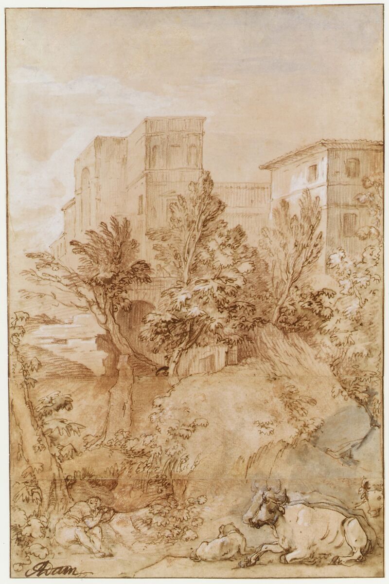 Landscape with a Large Villa on a Hilltop, Charles Joseph Natoire (French, Nîmes 1700–1777 Castel Gandolfo), Red chalk, pen and brown ink, gray wash, over traces of black chalk for the figures and animals, heightened with white.  Sheet composed of three sections joined together horizontally.