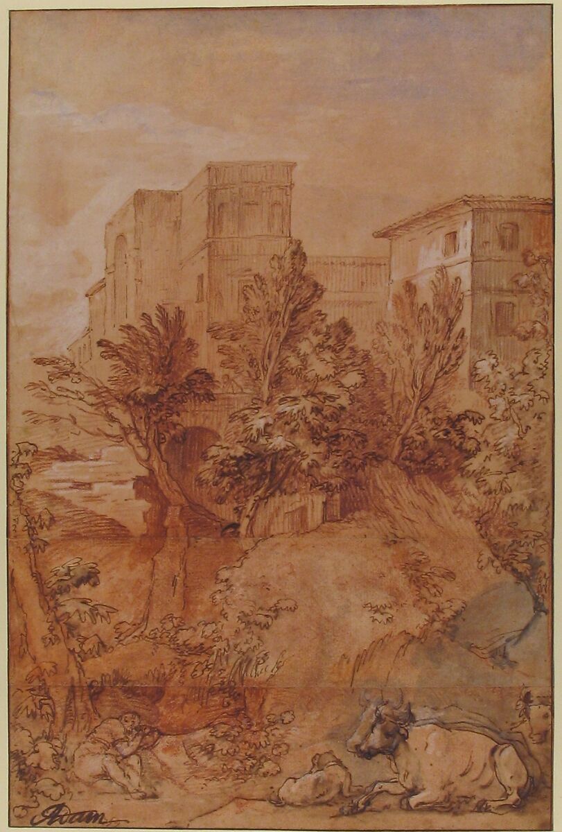 Landscape with a Large Villa on a Hilltop, Charles Joseph Natoire (French, Nîmes 1700–1777 Castel Gandolfo), Red chalk, pen and brown ink, gray wash, over traces of black chalk for the figures and animals, heightened with white.  Sheet composed of three sections joined together horizontally.