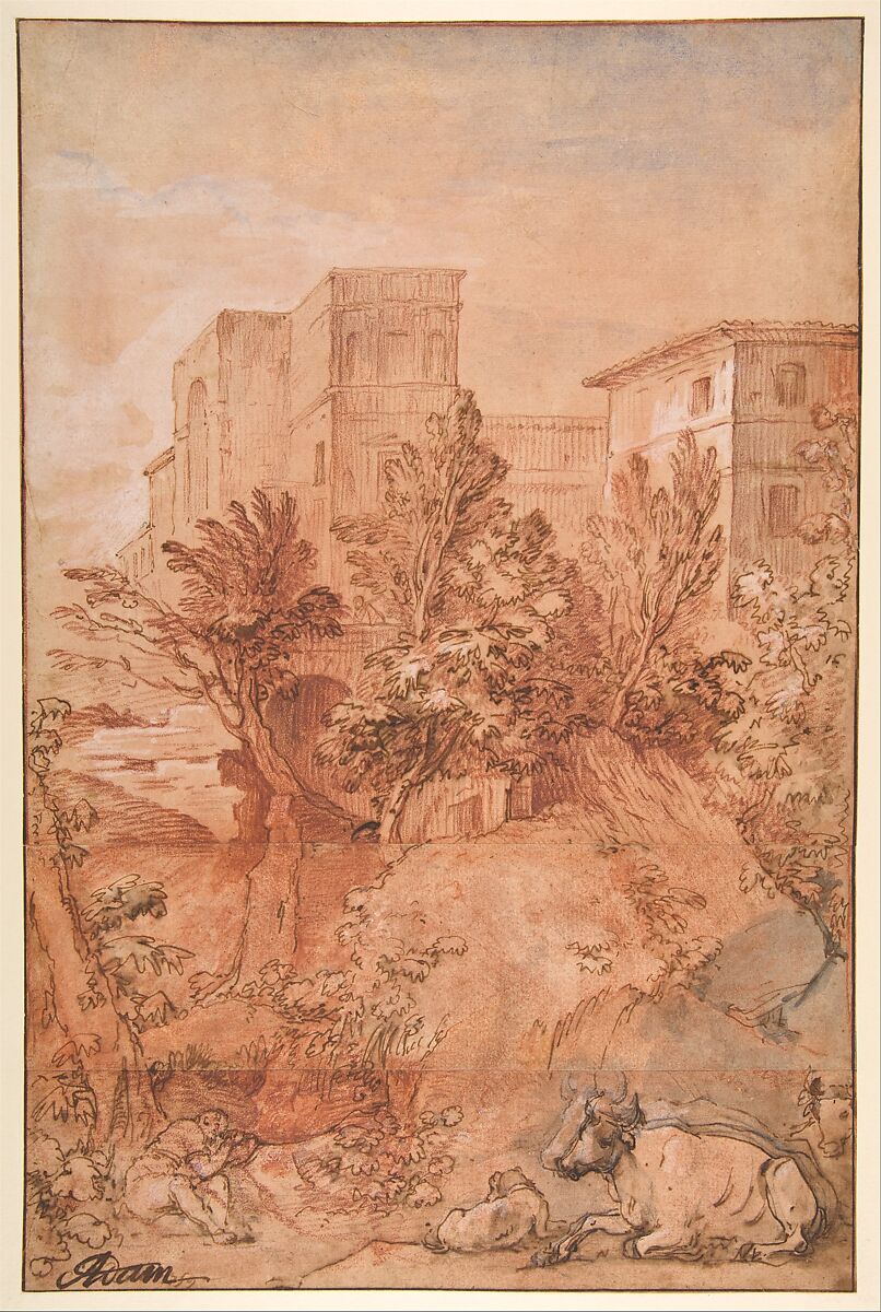 Landscape with a Large Villa on a Hilltop, Charles Joseph Natoire (French, Nîmes 1700–1777 Castel Gandolfo), Red chalk, pen and brown ink, gray wash, over traces of black chalk for the figures and animals, heightened with white.  Sheet composed of three sections joined together horizontally. 