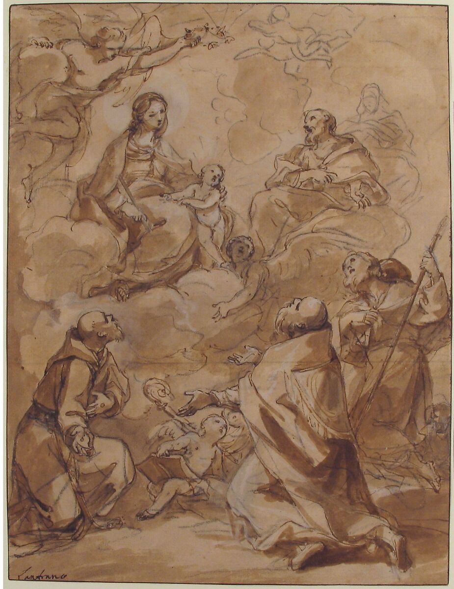 The Holy Family Appearing to St. Francis, St. Augustine, and St. Roch, Charles Joseph Natoire (French, Nîmes 1700–1777 Castel Gandolfo), Pen and brown ink, brush and brown wash, heightened with white over black chalk.