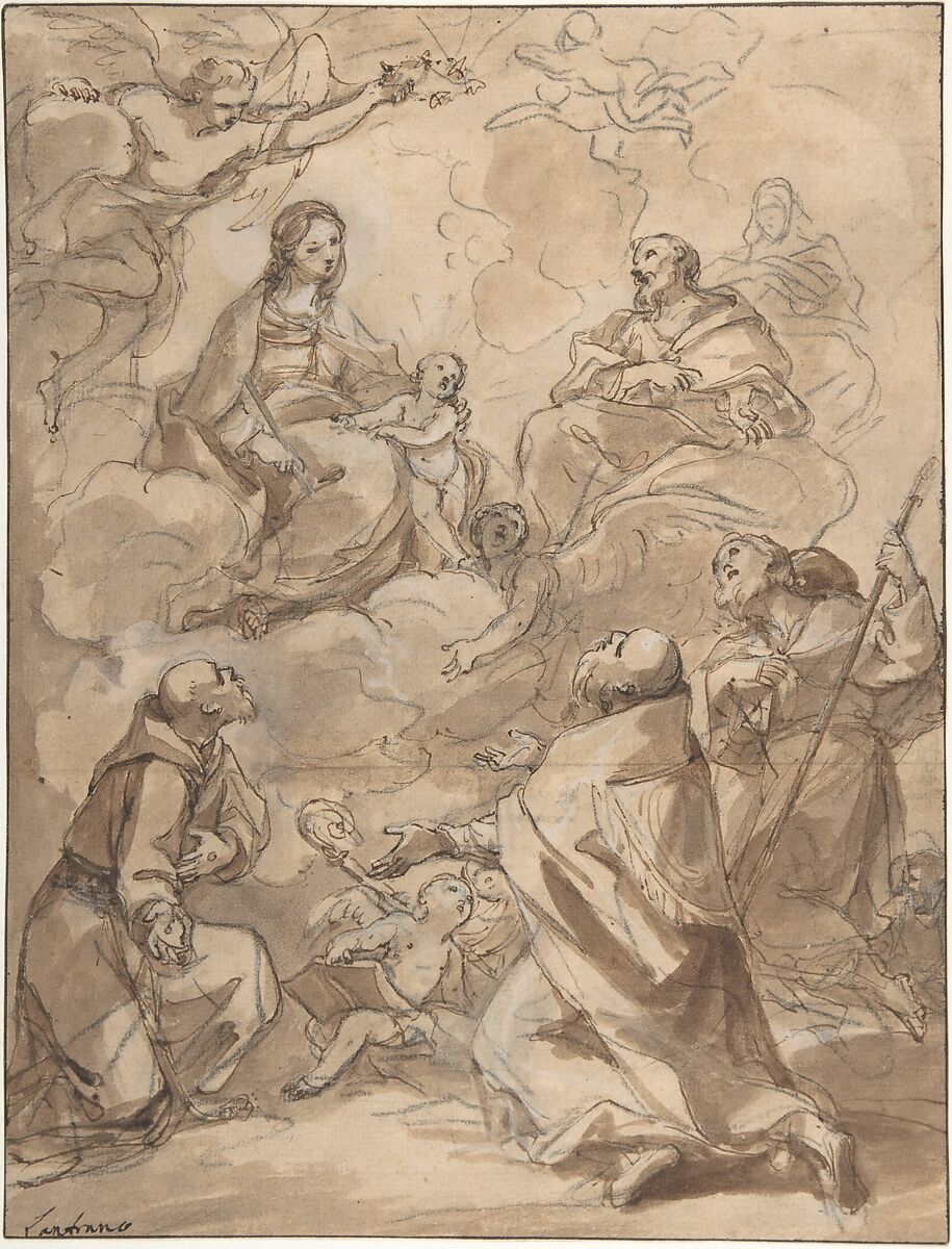 The Holy Family Appearing to St. Francis, St. Augustine, and St. Roch, Charles Joseph Natoire (French, Nîmes 1700–1777 Castel Gandolfo), Pen and brown ink, brush and brown wash, heightened with white over black chalk. 