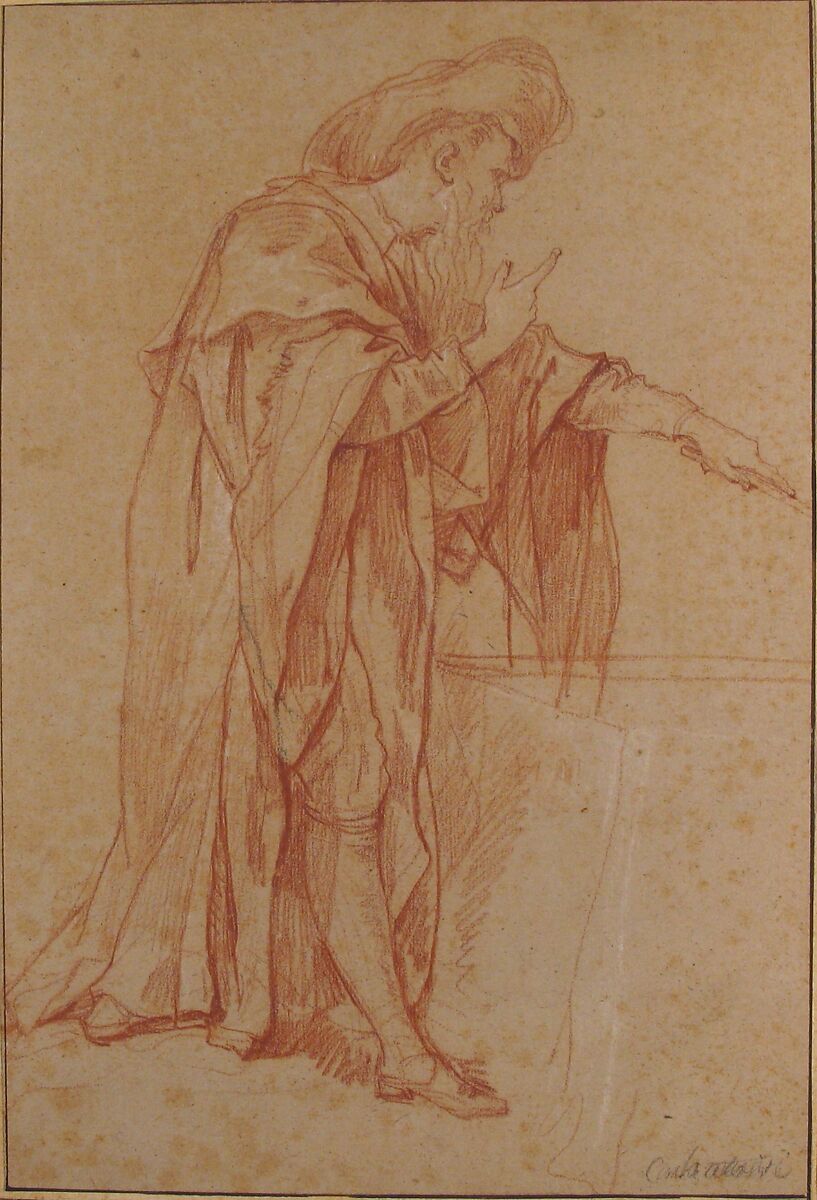 Standing Male Figure with Left Arm Extended, Charles Joseph Natoire (French, Nîmes 1700–1777 Castel Gandolfo), Red chalk, traces of black chalk, heightened with white