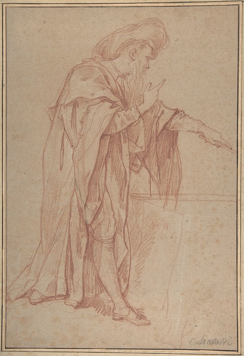 Standing Male Figure with Left Arm Extended, Charles Joseph Natoire (French, Nîmes 1700–1777 Castel Gandolfo), Red chalk, traces of black chalk, heightened with white, on beige paper. 