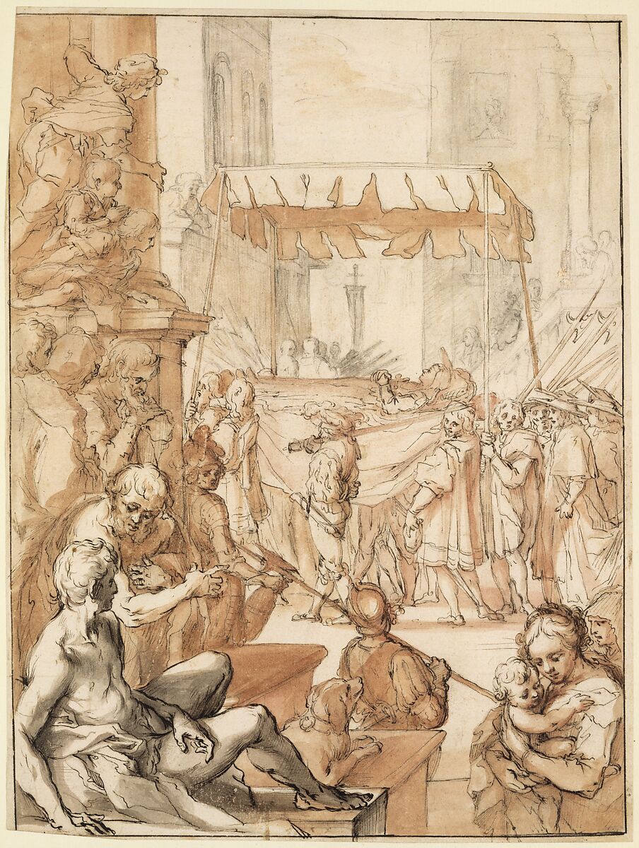 The Body of Saint Catherine of Siena carried in Procession, after Francesco Vanni, Anonymous, French, 18th century, Pen and brown ink, brush and red-brown and gray wash, over black chalk; framing lines in pen and brown ink