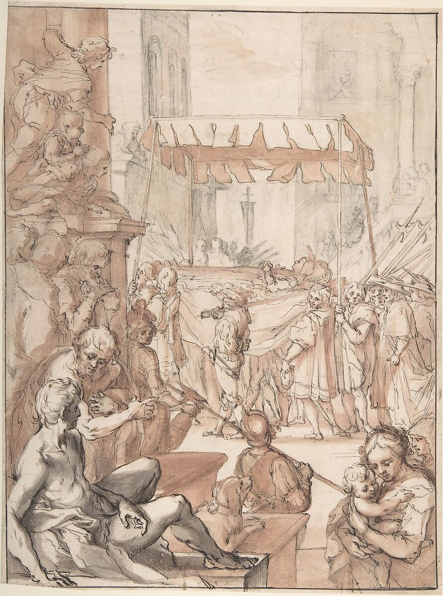 The Body of Saint Catherine of Siena carried in Procession, after Francesco Vanni, Anonymous, French, 18th century, Pen and brown ink, brush and red-brown and gray wash, over black chalk; framing lines in pen and brown ink 