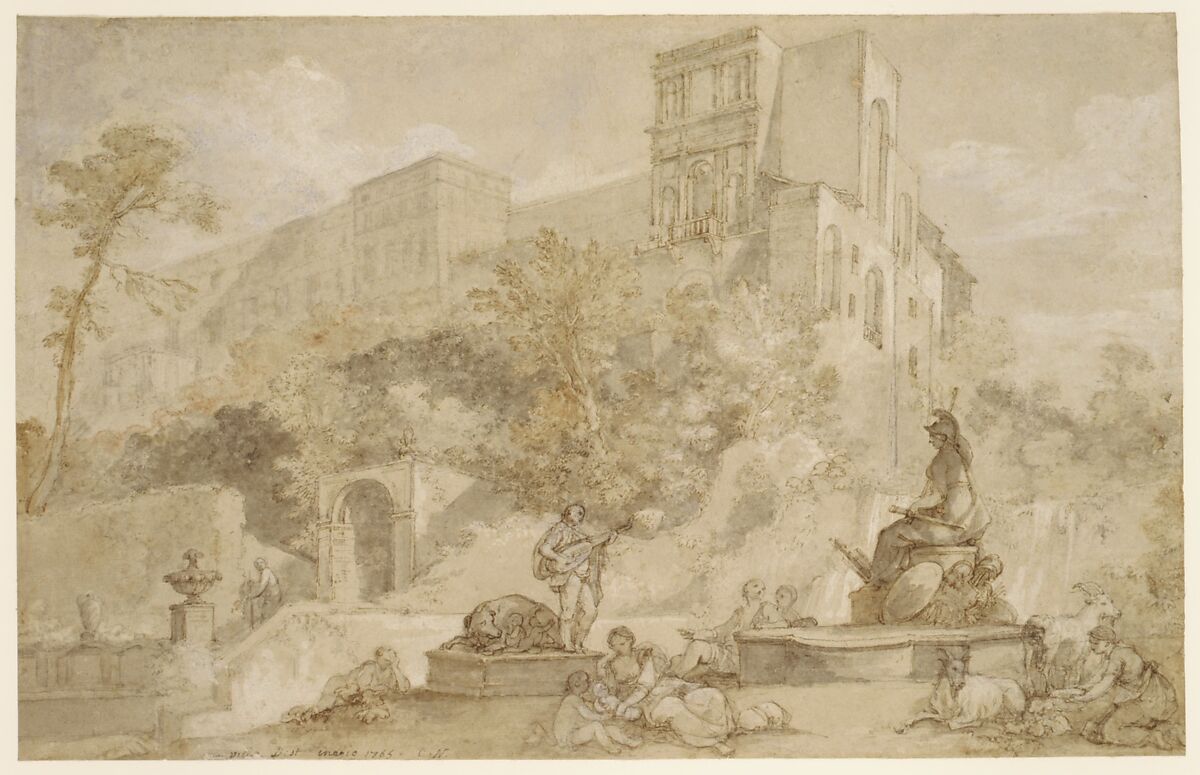 The Fountain of Rome at the Villa d'Este, Tivoli, Charles Joseph Natoire (French, Nîmes 1700–1777 Castel Gandolfo), Pen and brown ink, brush and brown and gray wash, watercolor, heightened with white, over black and red chalk, on faded blue paper