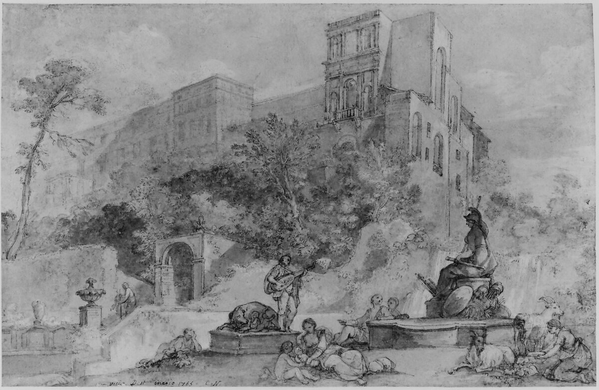 The Fountain of Rome at the Villa d'Este, Tivoli, Charles Joseph Natoire (French, Nîmes 1700–1777 Castel Gandolfo), Pen and brown ink, brush and brown and gray wash, watercolor, heightened with white, over black and red chalk, on faded blue paper