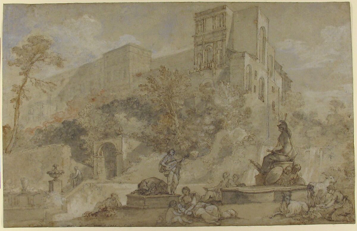 The Fountain of Rome at the Villa d'Este, Tivoli, Charles Joseph Natoire (French, Nîmes 1700–1777 Castel Gandolfo), Pen and brown ink, brush and brown and gray wash, watercolor, heightened with white, over black and red chalk, on faded blue paper