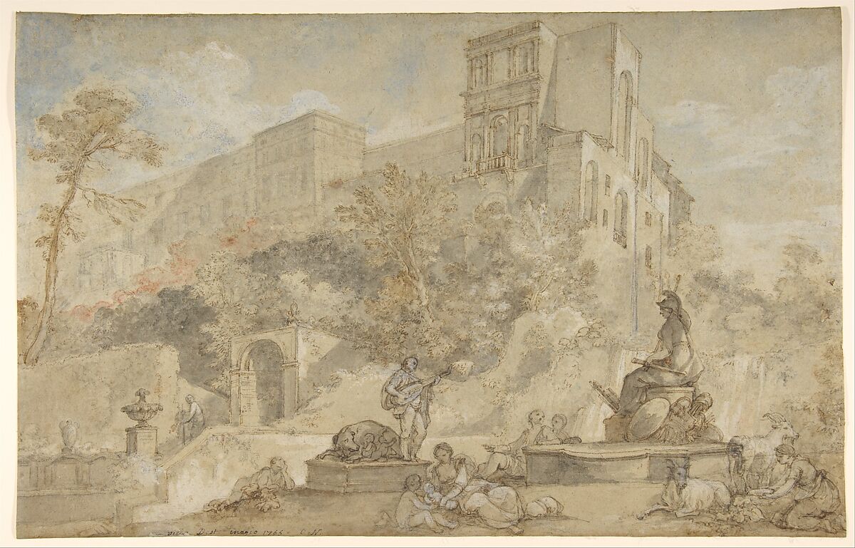 The Fountain of Rome at the Villa d'Este, Tivoli, Charles Joseph Natoire (French, Nîmes 1700–1777 Castel Gandolfo), Pen and brown ink, brush and brown and gray wash, watercolor, heightened with white, over black and red chalk, on faded blue paper 