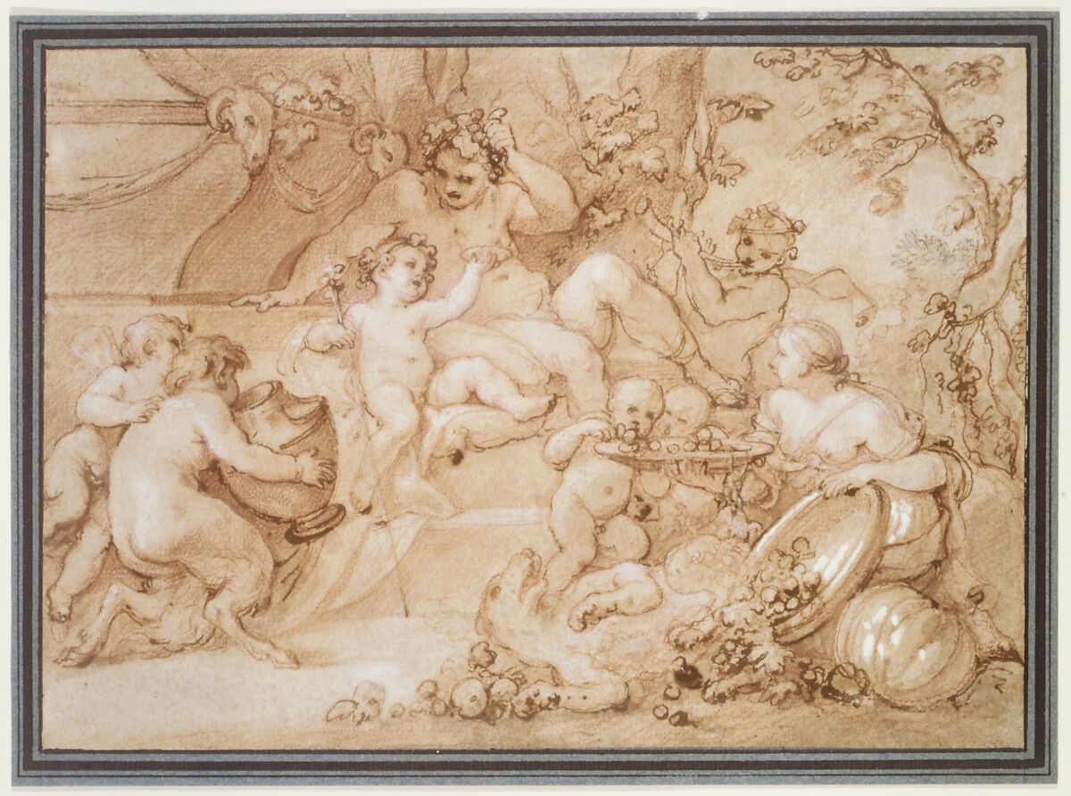 The Harvest of Silenus, Charles Joseph Natoire (French, Nîmes 1700–1777 Castel Gandolfo), Red, white and touches of black chalk, pen and brown ink, brush and brown wash, heightened with white, on beige paper