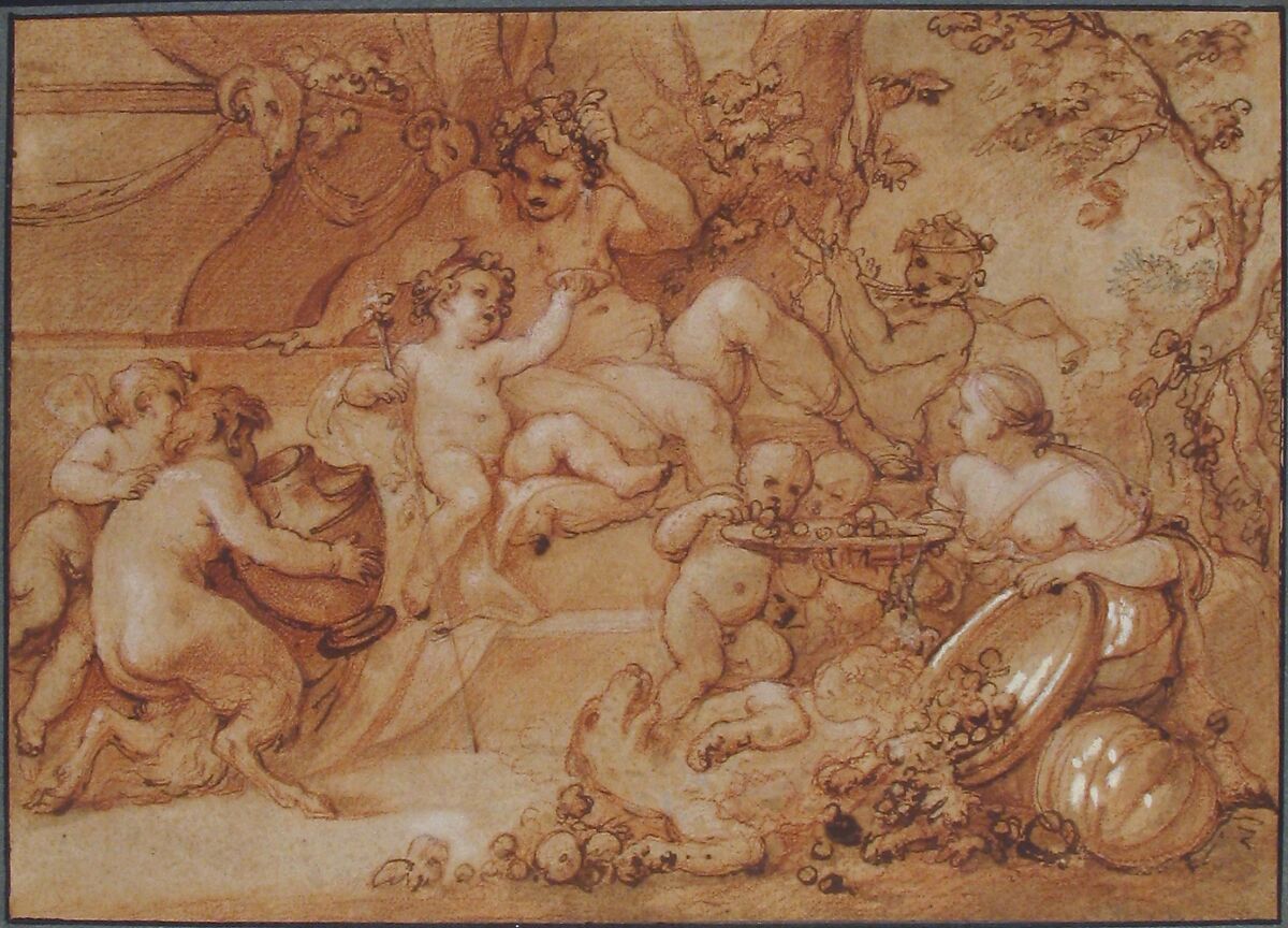 The Harvest of Silenus, Charles Joseph Natoire (French, Nîmes 1700–1777 Castel Gandolfo), Red, white and touches of black chalk, pen and brown ink, brush and brown wash, heightened with white, on beige paper