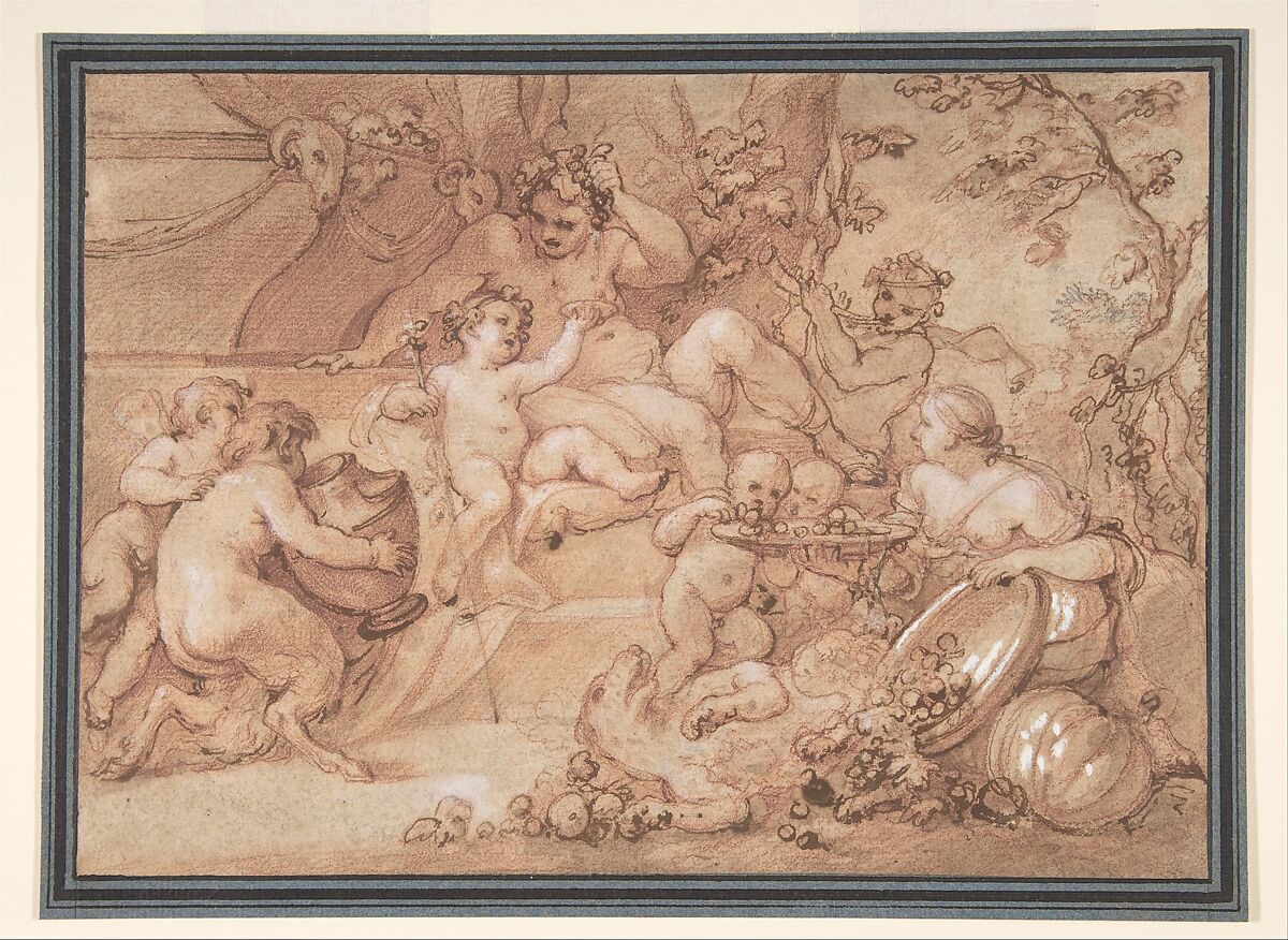 The Harvest of Silenus, Charles Joseph Natoire (French, Nîmes 1700–1777 Castel Gandolfo), Red, white and touches of black chalk, pen and brown ink, brush and brown wash, heightened with white, on beige paper 