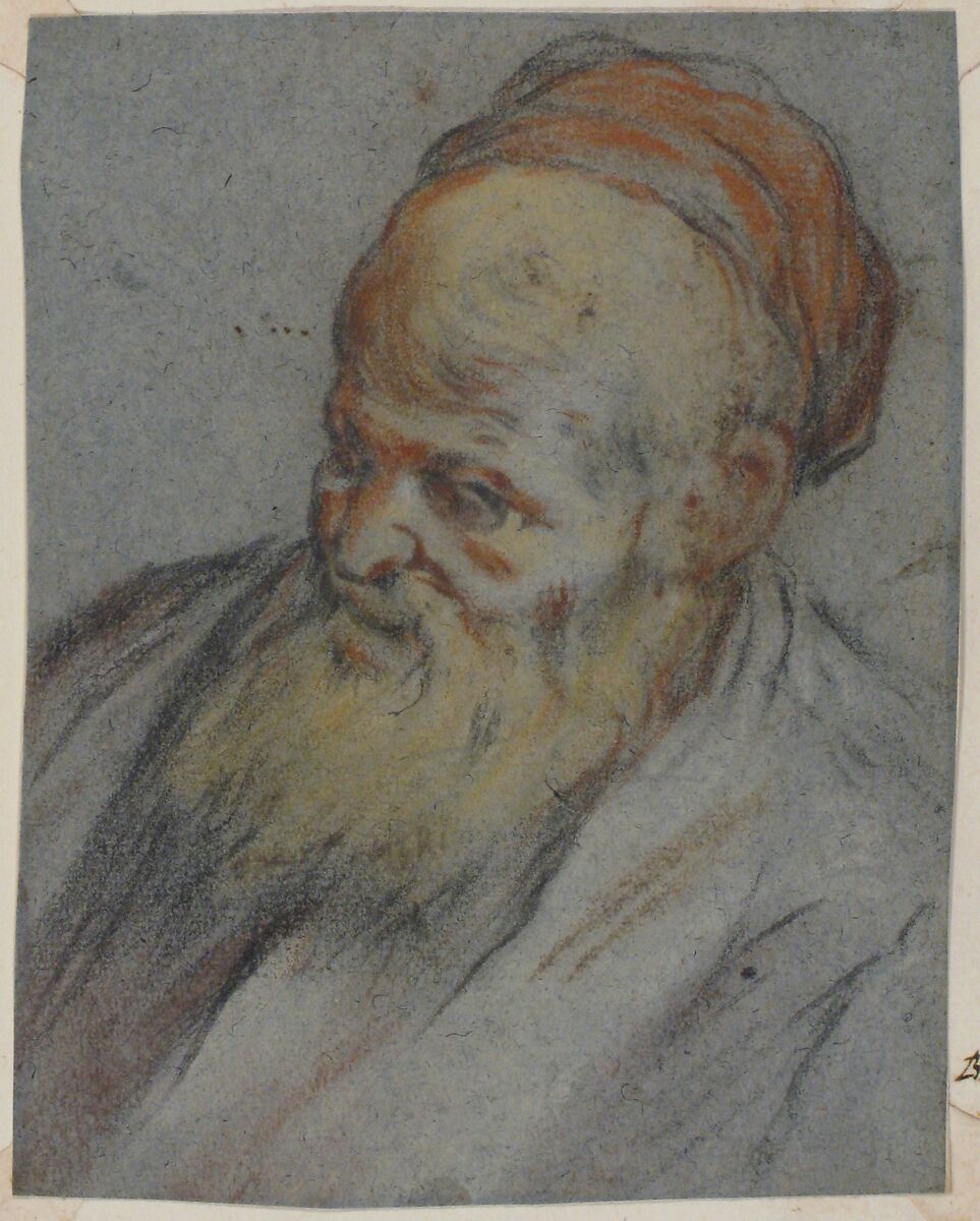 Bust-Length Study of a Bearded Man with Cap in Three-Quarter View, Jacopo Bassano (Jacopo da Ponte) (Italian, Bassano del Grappa ca. 1510–1592 Bassano del Grappa), Pastel and charcoal on blue paper