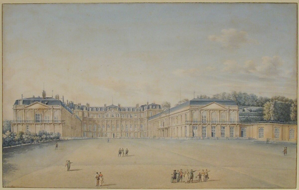 Courtyard of the Chateau de Saint-Cloud, Victor Jean Nicolle (French, Paris 1754–1826 Paris), Pen and brown ink, watercolor, over traces of graphite. Scattered stains.