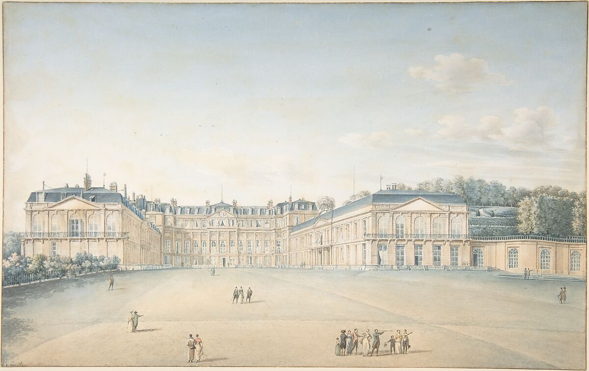 Courtyard of the Chateau de Saint-Cloud, Victor Jean Nicolle (French, Paris 1754–1826 Paris), Pen and brown ink, watercolor, over traces of graphite. Scattered stains. 