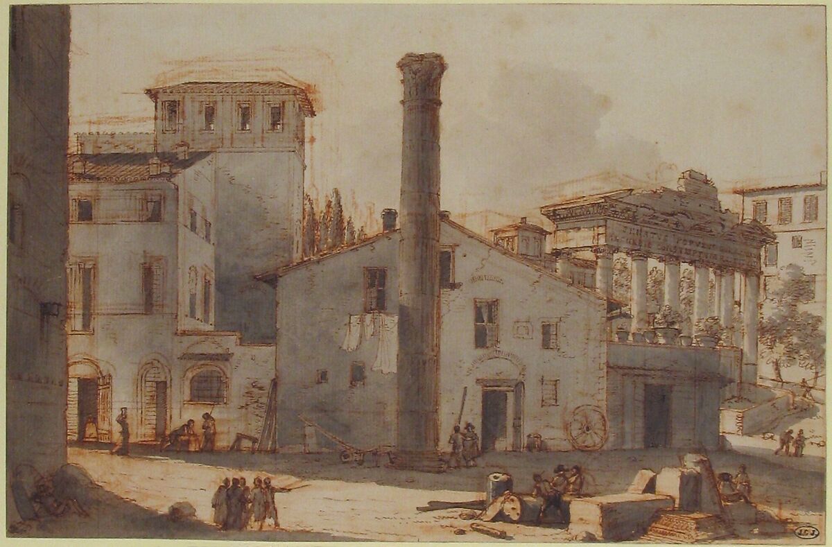 View of the Roman Forum with the Column of Phocas and the Temple of Saturn, Victor Jean Nicolle (French, Paris 1754–1826 Paris), Pen and brown ink, brush and gray wash over red chalk