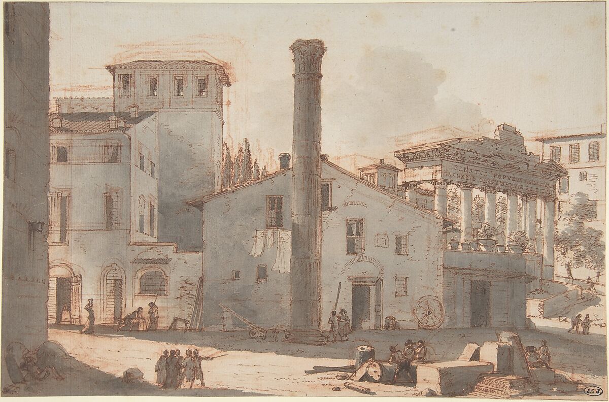 View of the Roman Forum with the Column of Phocas and the Temple of Saturn, Victor Jean Nicolle (French, Paris 1754–1826 Paris), Pen and brown ink, brush and gray wash over red chalk 