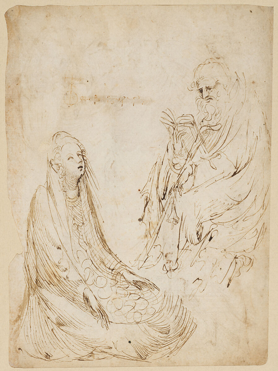 Three Standing Figures (recto); Seated Woman and a Male Hermit in Half-length (verso), Stefano da Verona (Stefano di Giovanni d&#39;Arbosio di Francia) (Italian, Paris or Pavia ca. 1374/75–after 1438 Verona), Pen and brown ink, over traces of charcoal or black chalk (recto); pen and brown ink, brush with touches of brown wash, over traces of charcoal or black chalk (verso) 