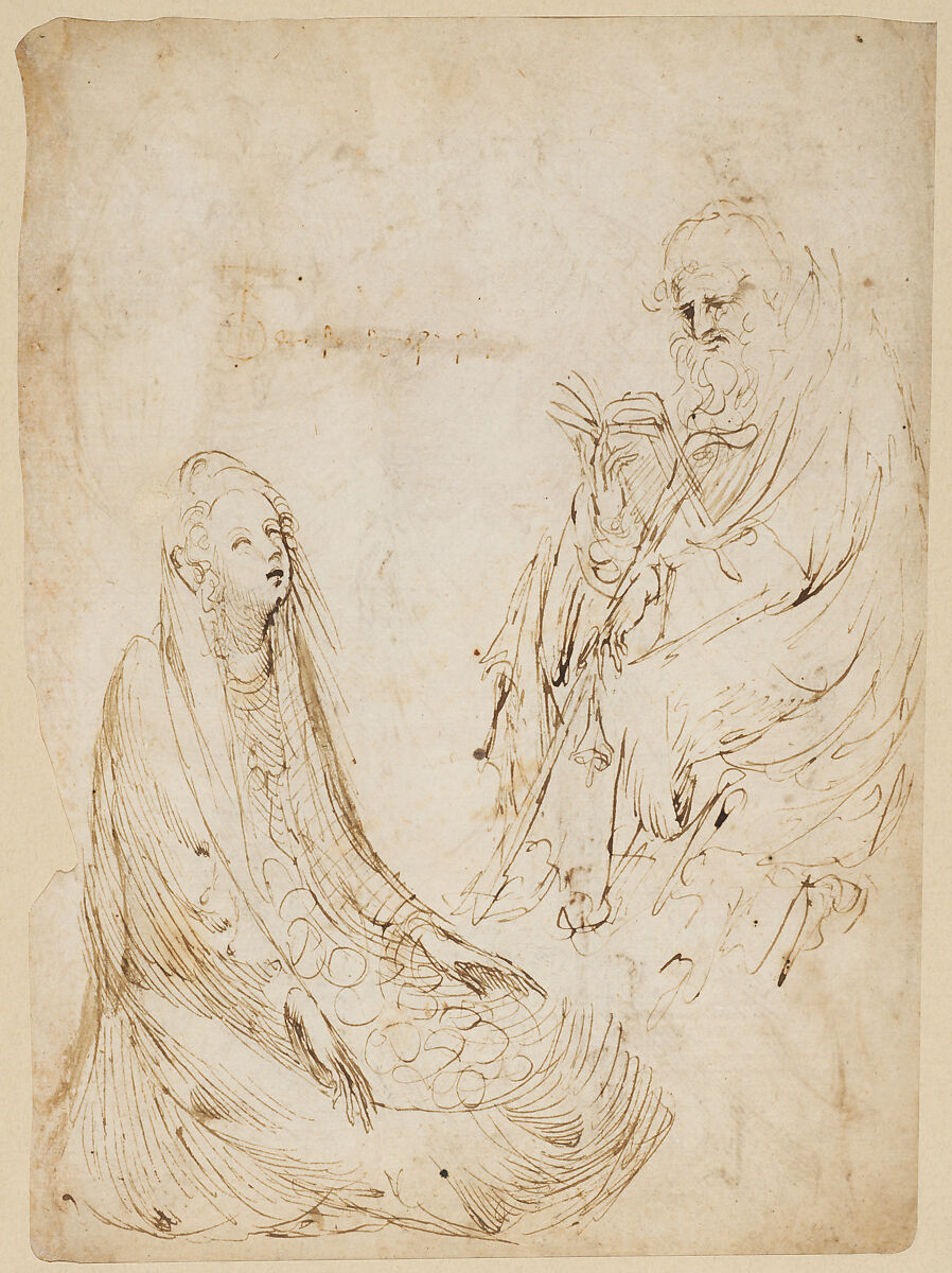 Three Standing Figures (recto); Seated Woman and a Male Hermit in Half-length (verso), Stefano da Verona (Stefano di Giovanni d'Arbosio di Francia)  Italian, Pen and brown ink, over traces of charcoal or black chalk (recto); pen and brown ink, brush with touches of brown wash, over traces of charcoal or black chalk (verso)