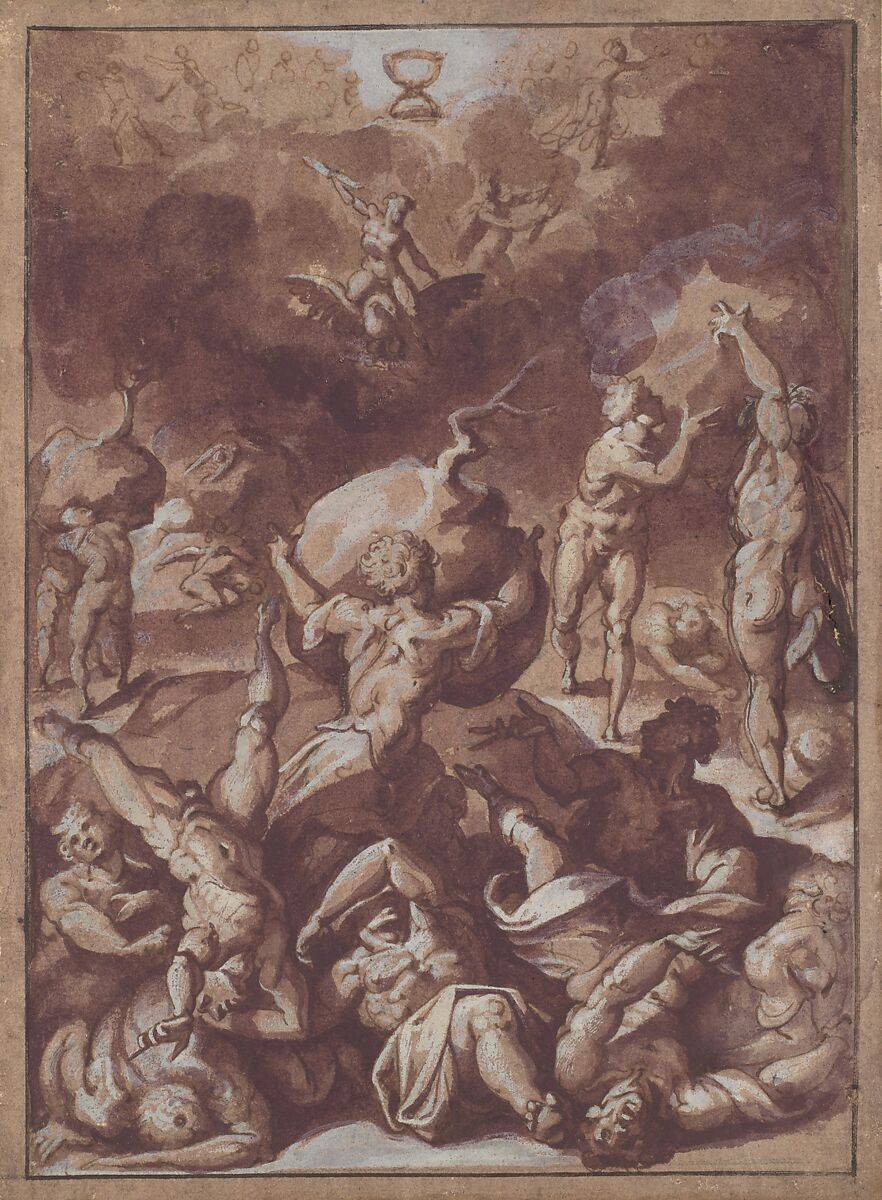 Jupiter Fighting the Giants, Jacopo Zucchi (Italian, Florence ca. 1540–1596 Rome), Pen and brown ink, brush with brown and mauve wash, highlighted with white gouache, over traces of black chalk, on light tan laid paper
