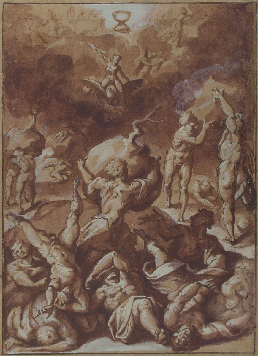 Jupiter Fighting the Giants, Jacopo Zucchi (Italian, Florence ca. 1540–1596 Rome), Pen and brown ink, brush with brown and mauve wash, highlighted with white gouache, over traces of black chalk, on light tan laid paper