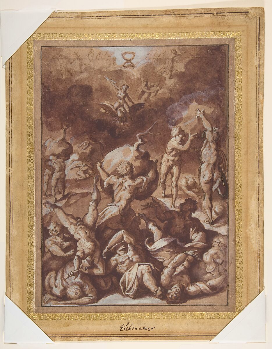 Jupiter Fighting the Giants, Jacopo Zucchi (Italian, Florence ca. 1540–1596 Rome), Pen and brown ink, brush with brown and mauve wash, highlighted with white gouache, over traces of black chalk, on light tan laid paper