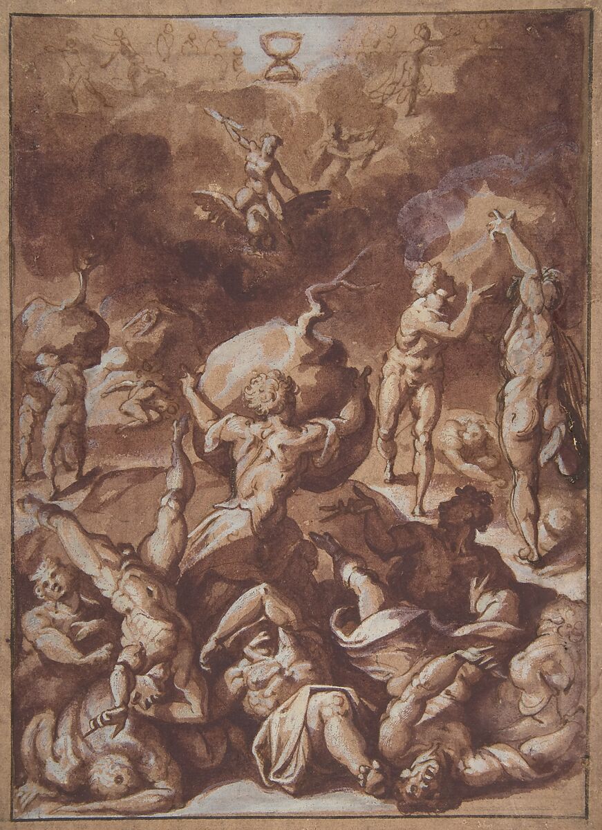 Jupiter Fighting the Giants, Jacopo Zucchi (Italian, Florence ca. 1540–1596 Rome), Pen and brown ink, brush with brown and mauve wash, highlighted with white gouache, over traces of black chalk, on light tan laid paper 