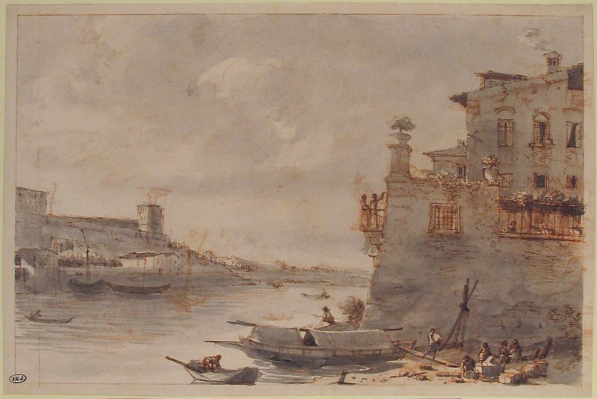 The Tiber at the Outskirts of Rome, Victor Jean Nicolle (French, Paris 1754–1826 Paris), Pen and brown ink, brush and gray wash over red chalk