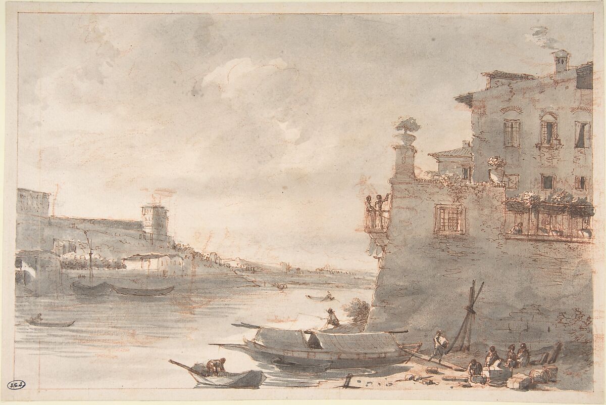 The Tiber at the Outskirts of Rome, Victor Jean Nicolle (French, Paris 1754–1826 Paris), Pen and brown ink, brush and gray wash over red chalk 
