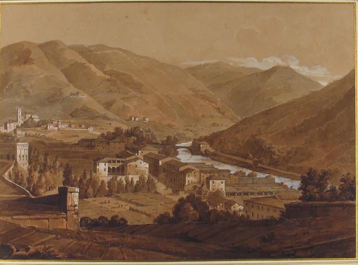 Town in an Alpine Valley, Victor Jean Nicolle (French, Paris 1754–1826 Paris), Pen and brown ink, brush and brown, blue-gray and reddish washes, heightened with white and blue gouache over graphite
