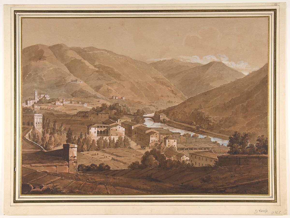 Town in an Alpine Valley, Victor Jean Nicolle (French, Paris 1754–1826 Paris), Pen and brown ink, brush and brown, blue-gray and reddish washes, heightened with white and blue gouache over graphite 