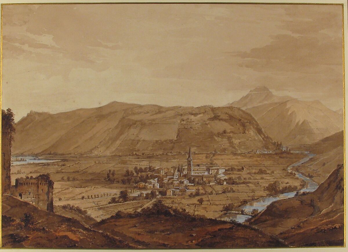 Village in an Alpine Valley, Victor Jean Nicolle (French, Paris 1754–1826 Paris), Pen and brown ink, brush and brown and red-brown wash, pale blue gouache, heightened with white, over graphite 