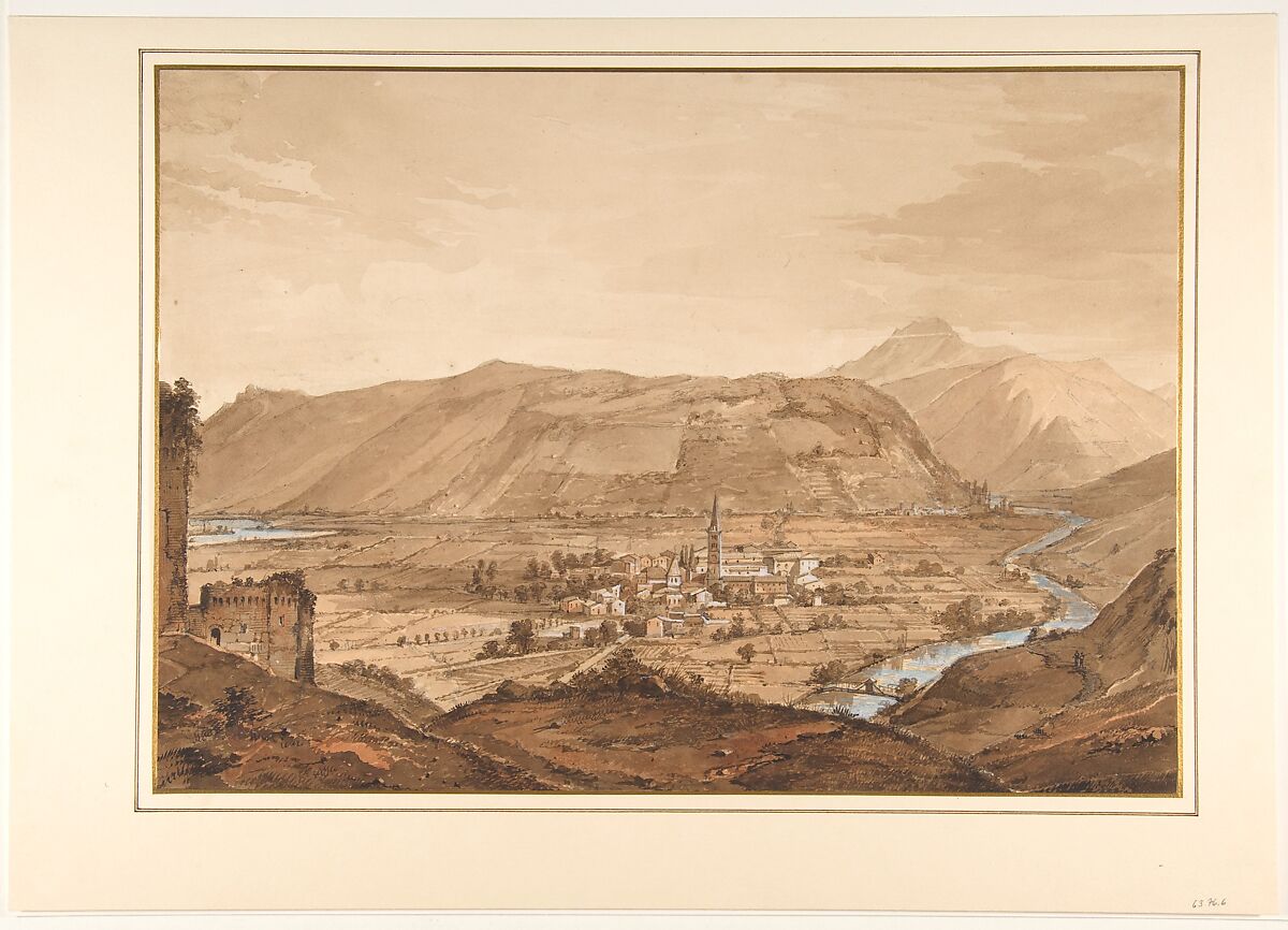 Village in an Alpine Valley, Victor Jean Nicolle (French, Paris 1754–1826 Paris), Pen and brown ink, brush and brown and red-brown wash, pale blue gouache, heightened with white, over graphite