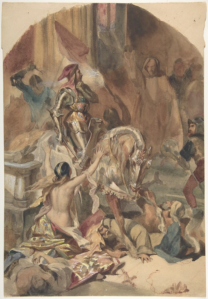 Massacre de Nesle (1472), Edouard-Alexandre Odier (French, Hamburg 1800–1887 Paris), Watercolor and gouache over graphite, and a little red chalk 