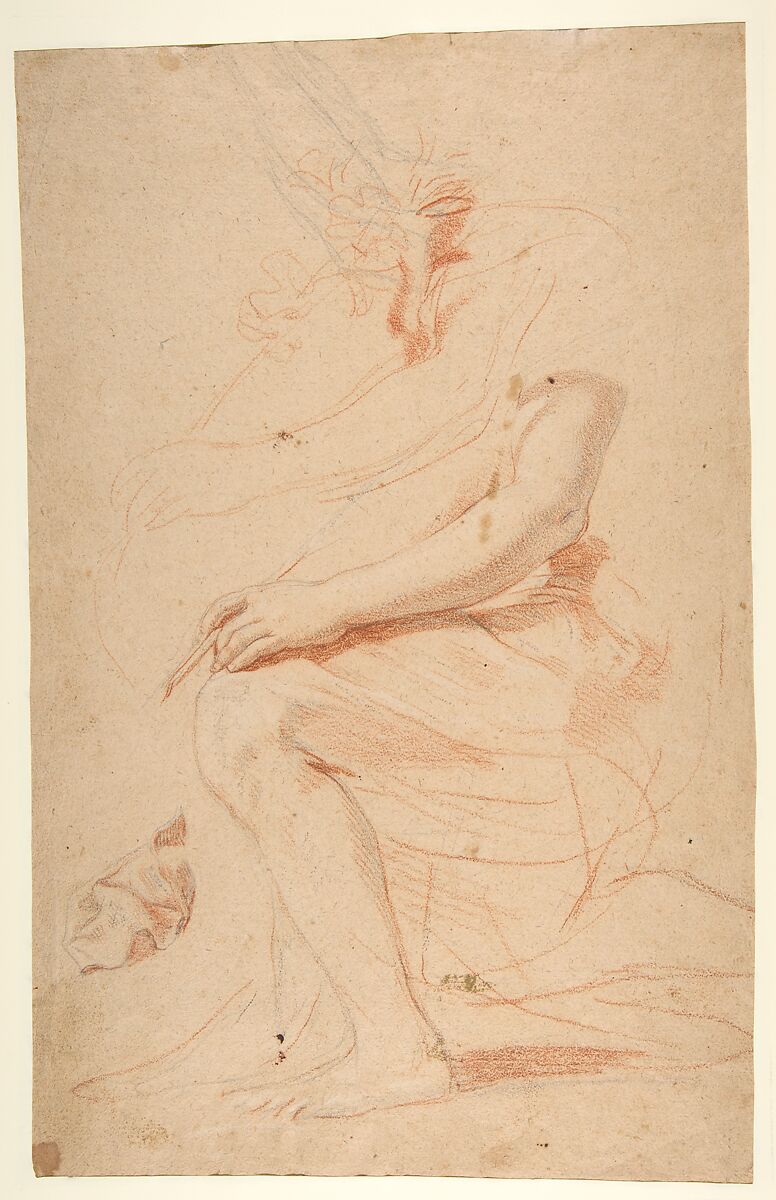 Studies for the Archangel Gabriel (recto and verso), Nicolas Mignard (French, Troyes 1606–1668 Paris), Red and black chalk, over graphite, on light brown paper (verso, same media)