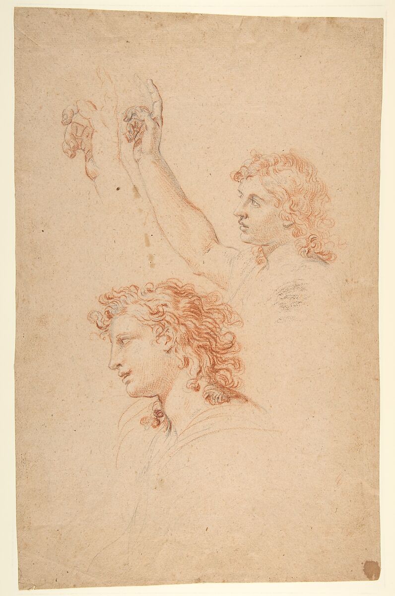 Studies for the Archangel Gabriel (recto and verso), Nicolas Mignard (French, Troyes 1606–1668 Paris), Red and black chalk, over graphite, on light brown paper (verso, same media) 