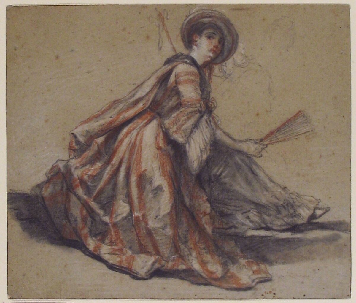 A Lady Holding a Fan, Michel Barthélémy Ollivier (French, Marseille 1712–1784 Paris), Black and red chalk with white gouache