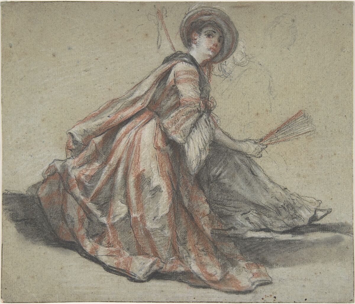 A Lady Holding a Fan, Michel Barthélémy Ollivier (French, Marseille 1712–1784 Paris), Black and red chalk with white gouache on green-gray paper 