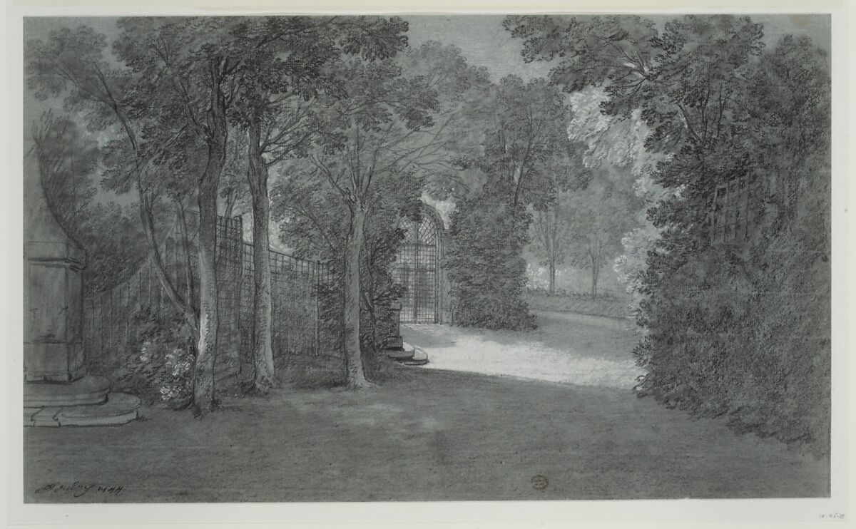 View in the Gardens of Arcueil, Jean-Baptiste Oudry (French, Paris 1686–1755 Beauvais), Charcoal, stumped, black chalk, heightened with white chalk, on blue-green paper