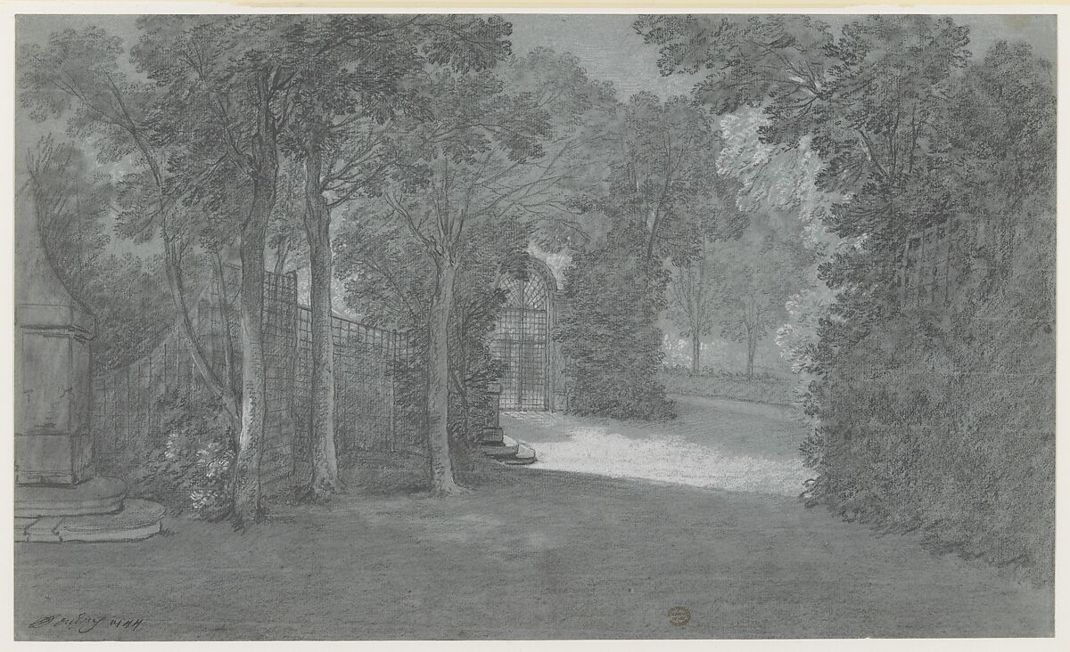 View in the Gardens of Arcueil, Jean-Baptiste Oudry (French, Paris 1686–1755 Beauvais), Charcoal, stumped, black chalk, heightened with white chalk, on blue-green paper 