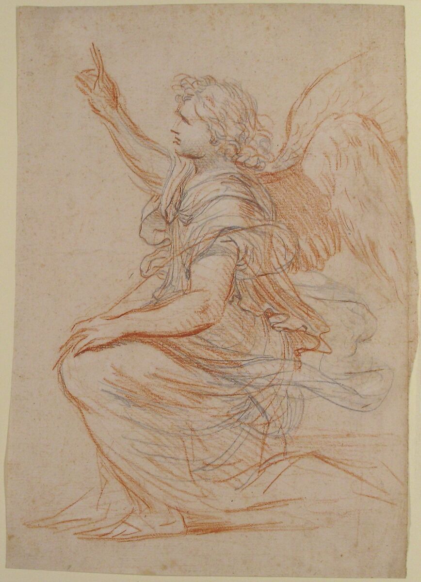 Study for the Archangel Gabriel, Nicolas Mignard (French, Troyes 1606–1668 Paris), Red chalk and graphite, heightened with white chalk