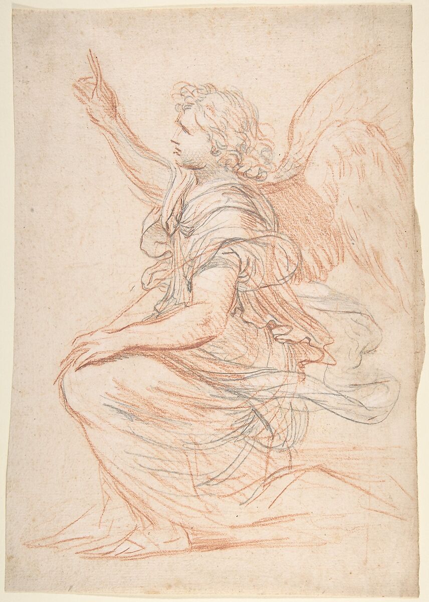 Study for the Archangel Gabriel, Nicolas Mignard (French, Troyes 1606–1668 Paris), Red chalk and graphite, heightened with white chalk 