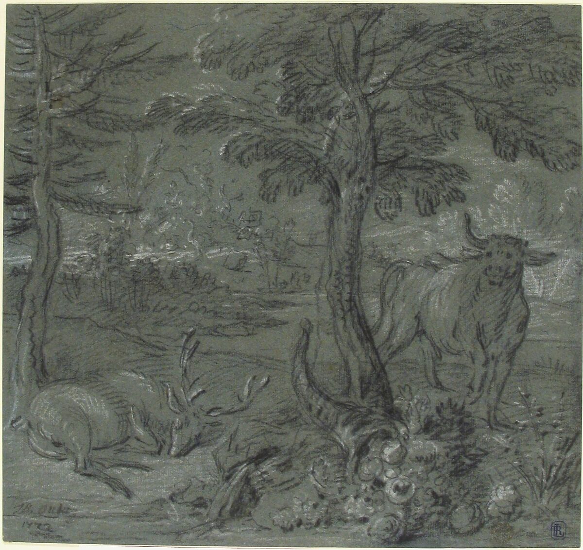 Acheloüs Transformed into a Bull, Jean-Baptiste Oudry (French, Paris 1686–1755 Beauvais), Black and white chalk on blue paper 