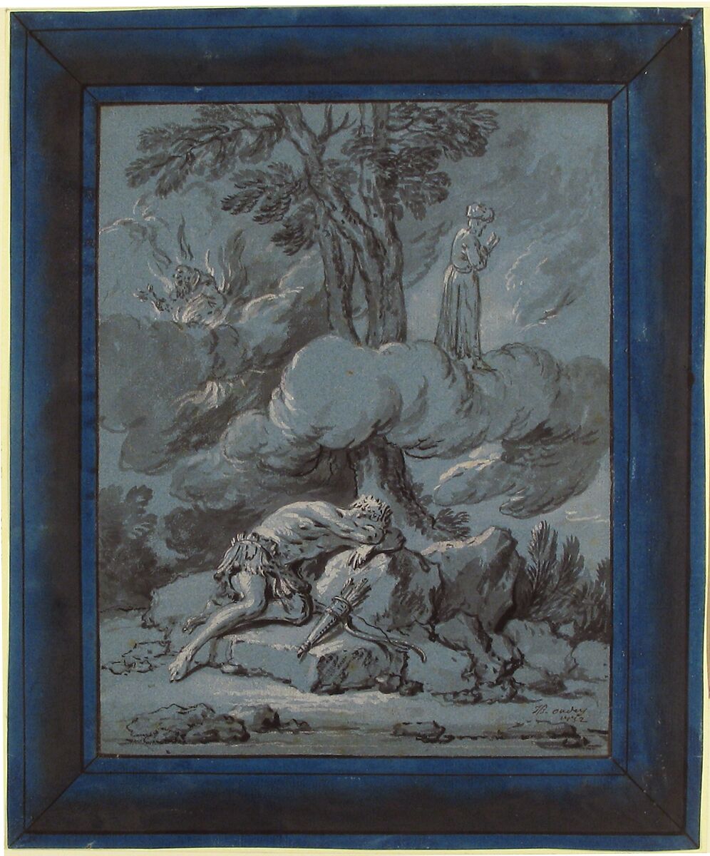 The Dream of an Inhabitant of Mogul (La Fontaine, Fables, XI, 4), Jean-Baptiste Oudry (French, Paris 1686–1755 Beauvais), Brush and black ink and gray wash, heightened with white on blue paper. Framing lines in dark brown ink and blue wash 